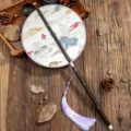Traditioneller chinesischer rollbarer runder Fächer mit langem Griff und lila Quaste - Fächer - Rundes Jade-Hasenmuster