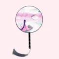 Chinese style round fan with tassel, pink floral art design, perfect for Hanfu and dance. - Peach Blossom Zither - Black Handle