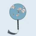 Traditional Chinese round silk fan with floral bird pattern, black handle and grey tassel for hanfu - Vibrant Flower Branches - Black Handle