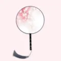 Traditional Chinese round fan with floral blossom print, black wooden handle and grey tassel. - Sakura Dance - Black Handle