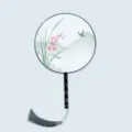 Traditional Chinese style round fan with wooden handle and elegant floral watercolor painting. - Fragrant Elegant Orchid - Black Handle