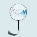 Chinese style round fan with black wooden handle, plum blossom print, elegant Hanfu prop. - Solitary Sail in Cloud Valley - Black Handle