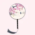 Traditional Chinese round silk fan with wooden handle and elegant floral painting for hanfu. - Birds and Flowers - Black Handle