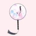Chinese style round fan with wooden handle and tassel, perfect for Hanfu and dance photos. - Deep in Crimson Flowers - Black Handle