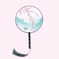 Chinese style round fan with peach blossom print, black wooden handle and grey tassel. - Mountain and Water Quest - Black Handle