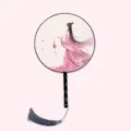 Traditional Chinese round silk fan with wooden handle and elegant grey tassel for Hanfu. - Hazy Flower - Black Handle