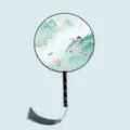 Traditional Chinese style round fan with elegant landscape painting, wooden handle and tassel. - Peach Blossom Pavilion - Black Handle