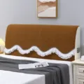 Brown velvet headboard cover with white ruffled edge dustproof protective slipcover for bed. - Dreamy Orange