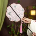 Traditional Chinese style round fan Hanfu folding fan with floral butterfly print and pink tassel - 8-Petal Butterfly Loves Flower Pink Waist Fan (Bamboo Edge)