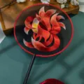 Chinese vintage round embroidered fan with nine-tailed fox pattern, black handle and red tassel - Double-Sided Embroidered Fan - Red Nine-Tailed Fox (Beech Handle)