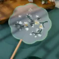 Chinese style embroidered round fan with floral pattern, elegant long wooden handle and tassel. - Double-Sided Embroidery Eight-Petal Gardenia Blossom - Beechwood Handle