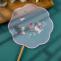 Chinese vintage embroidered round fan with peach motif and wooden handle for Hanfu dance - Double-Sided Embroidered 8-Petal Fan - Peach Luck with Wooden Handle