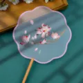Traditional Chinese style embroidered round fan with wooden handle and elegant floral design. - Double-Sided Embroidered 8-Petal Fan - Pink Magnolia with Wooden Handle