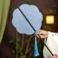 Traditional Chinese bamboo waist fan Hanfu round fan with blue tassel portable folding fan - 8-Petal Blue Base White Butterfly Waist Fan (Bamboo Edge)