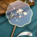 Chinese vintage style embroidered round fan with wooden handle and white tassel for Hanfu dance. - Double-Sided Embroidered Fan - Eight-Petal Yellow Magnolia (Beech Handle)