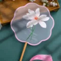 Chinese style embroidered round fan pink lotus flower variant with wooden handle and tassel decor - Double-Sided Embroidered Eight-Petal Pink Lotus Fans with Beechwood Handle