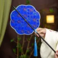 Traditional Chinese style waist fan, Hanfu round fan with blue tassel, antique bamboo hand fan. - 8-Petal Blue Ivy Waist Fan (Bamboo Edge)
