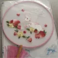 Chinese style embroidered round fan with cute rabbit and strawberry pattern, pink tassel. - Double-Sided Embroidered Round Strawberry Rabbit Fan - Beechwood Handle