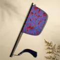 Chinese traditionele waaier, blauw-rood ginkgopatroon met donkere handgreep, variant. - Piao Xing - Dao Fan (Mesvormige waaier)