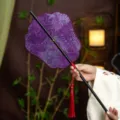 Ancient style bamboo folding waist fan with tassel, traditional Chinese Hanfu round fan. - Phoenix Crown Purple Feathers Waist Fan (Bamboo Edge)