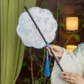 Chinese vintage round fan with blue butterfly embroidery, elegant black handle and tassel variant. - 8-Petal Blue Butterfly Waist Fan (Bamboo Edge)