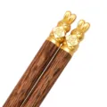 Chinese style wenge wood chopsticks with cute gold rabbit top and fortune charm variant. - 25cm / Wenge Wood Fortune Rabbit