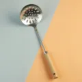 Stainless steel slotted spoon with beech wood handle, kitchen cooking skimmer strainer tool. - Skimmer