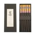 Japanese style wooden chopsticks set with 5 pairs in a black gift box, cute fish pattern design. - Yellow Fish