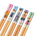 Set van 5 paar houten eetstokjes met schattige cartoonprint, natuurlijk bamboe materiaal voor thuis. - 24cm / Model 12 | 5 paar