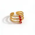 Detailed view of the retro style multi-layer open gold ring featuring sparkling red cubic zirconia. - Open Adjustable / Gold Red Square Stone
