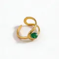 Detail shot of the French vintage green zircon open ring, showcasing the flowing gold band design. - Open Adjustable / Gold Color Green Zirconia