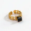 French vintage stainless steel open ring with black square stone, elegant palace style detail. - Open Adjustable / Gold Chain Black Square Stone
