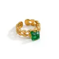 Detail shot of a vintage gold stainless steel open ring featuring a square green gemstone. - Open Adjustable / Gold Chain Green Square Stone