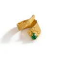 Detailed view of French vintage gold stainless steel hammered wrap ring with green zircon. - Open Adjustable / Gold Hammered Green Drop Stone