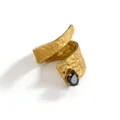 Close-up detail of the vintage wide wrap ring featuring hammered texture and black stone accent. - Open Adjustable / Gold Hammered Black Drop Stone