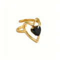 Gold stainless steel heart ring featuring a faceted black zircon stone in a chic open design. - Black Onyx Heart