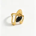 Exquisite gold stainless steel open ring with a striking marquise black zircon stone. - Black Marquise