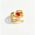 Detailed view of the 18k gold plated stainless steel multi-wrap ring with red zircon stone - Open Adjustable / Red