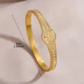 Gold stainless steel rhinestone hinged bangle bracelet with geometric center detail 6cm - Tree Pattern Embossed Rhinestone
