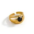 Elegant gold-plated open ring featuring a sparkling faceted black gemstone and unique double-band design. - Black Round Rhinestone Style(DQ-3455-3) / Open Adjustable / Gold
