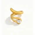 Close-up detail of the 18k gold plated open wrap ring featuring a sparkling pear-cut cubic zirconia. - Open Adjustable / White