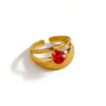 Detailed close-up view of the elegant gold-plated open ring featuring a sparkling red heart gemstone. - Red Heart Rhinestone Style(DQ-3455-5) / Open Adjustable / Gold