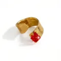 Detail shot of a wide open gold-plated ring featuring a bold square red gemstone accent. - Red Square Rhinestone Style(DQ-3456-1) / Open Adjustable / Gold