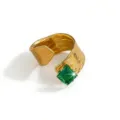 Wide open brass ring with 18k gold plating and square green zircon gemstone detail - Green Square Rhinestone Style(DQ-3456-2) / Open Adjustable / Gold