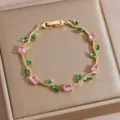 Elegant gold flower vine bracelet with pink zircon and green leaves for women jewelry. - DQ-W-4091-5