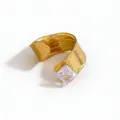 Detailed view of wide gold plated textured cuff ring with sparkling square crystal stone. - White Square Rhinestone Style(DQ-3456-4) / Open Adjustable / Gold