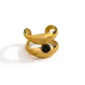 Close-up detail of luxury gold-plated open cuff ring featuring a striking black gemstone center. - Black Wide Double Layer Style(DQ-3458-2) / Open Adjustable / Gold