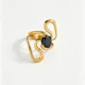 18k gold plated stainless steel ring featuring unique wavy design and black cubic zirconia. - Open Adjustable / Black