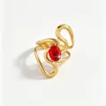 18k gold plated stainless steel ring for women, chic swirl design with red zircon. - Open Adjustable / Red