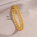 Gold plated stainless steel open bangle bracelet with stylish geometric chain link design for women. - Chain Texture